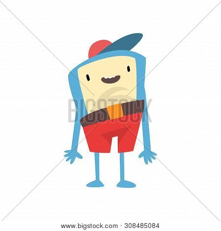 Cute Freaky Monster, Funny Colorful Alien Cartoon Character Wearing Shorts And Cap Vector Illustrati