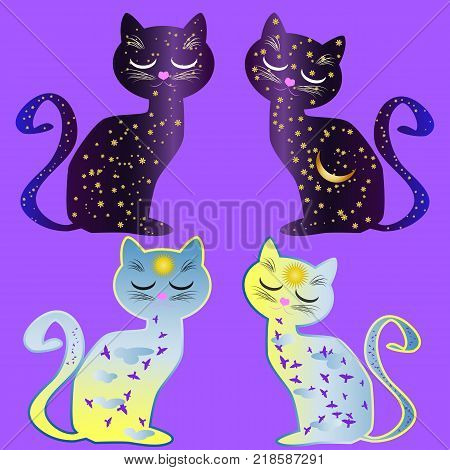 A set of four cats, two cat-day and two cat-night. Cat silhouette painted with day sky, with clouds, sun, birds and cat silhouette painted with night sky with stars, moon