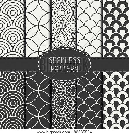 Set of monochrome fashion geometri seamless pattern with circles. Collection of paper for scrapbook.