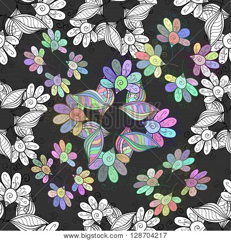 Seamless pattern on doodles background. Vector illustration. Seamless pattern for your design wallpapers, pattern fills, web page backgrounds, surface textures. Ornamental branch or floral background