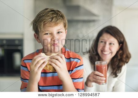 Parent Child Kid Meal Juice Bread Boy Starving Concept