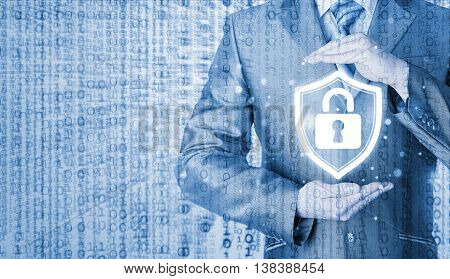 Data protection and insurance. Concept of business security, safety of information from virus, crime and attack. Internet secure system. Matrix background.