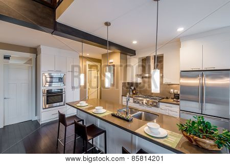 Modern, bright, clean, kitchen interior with stainless steel appliances in a luxury house