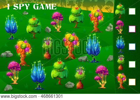 I Spy Game, Magic Alien Trees And Plants In Fantasy Forest, Vector Quiz Worksheet. Kids Cartoon Puzz