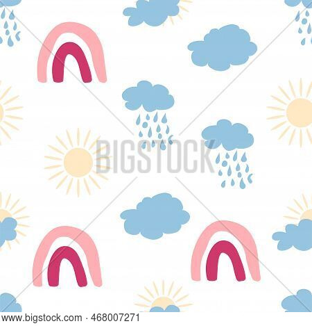 Rainbow Seamless Pattern In Pastel Colors. Scandinavian Baby Hand Drawn Illustration Perfect For Tex