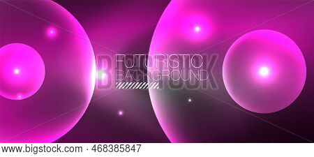 Shiny Neon Geometric Abstract Background. Glowing Lights On Round Shapes, Triangles And Circles. Wal