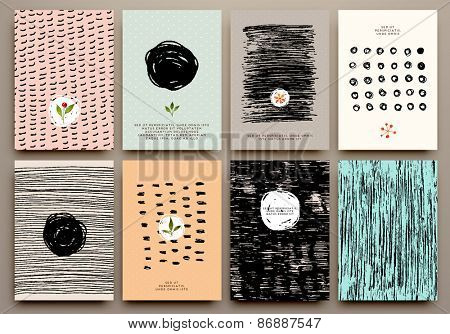 Set of Vintage Creative Cards with Hand Drawn Hipster Textures Made with Ink. Retro Patterns for Placards, Posters, Flyers and Banner Designs.