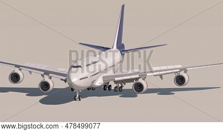 An Airplane With Four Turbines Stands On The Runway, Illuminated By The Sun.