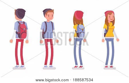 Teenager boy and girl wearing cute beanie and urban messenger rucksack, casual slim fit, smiling, standing pose, front, rear view, vector flat style cartoon illustration, isolated, white background