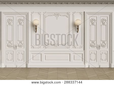 Classic Interior With Copy Space.walls With Mouldings,lamps,ornated Cornice. Floor Parquet Herringbo