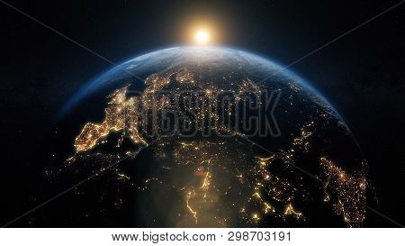 Planet Earth From Space. Beautiful Sunrise World Skyline. Illustration Contains Space, Planet, Galax