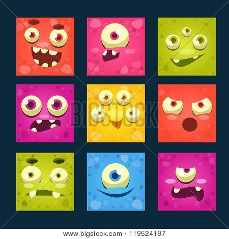 Square Cartoon Monster Faces Vector Set.