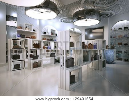 Luxury store interior design art deco style with hints of Contemporary. Interior white store with lots of shelves. Shop for the sale of bags on the shelves of handbags. 3D render.