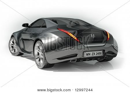 Black sports car isolated on white background.  My own car design. Logo on the car is fictitious.