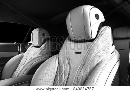 Modern Luxury Car Inside. Interior Of Prestige Modern Car. Comfortable Leather Seats. Perforated Lea