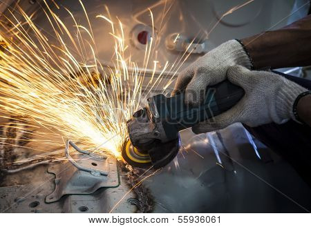 Worker Hand Working By Industry Tool Cutting Steel With Split Fire Use For Industrial Manufacturing