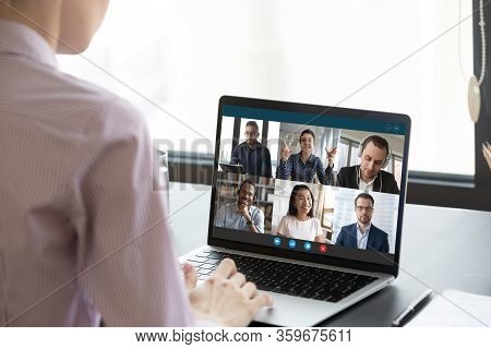 Computer Screen View During Group Video Call With Multiethnic Colleagues