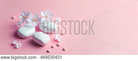 White Stones With Blossom Flowers On Pink Background. Panoramic Banner Background With Copy Space.