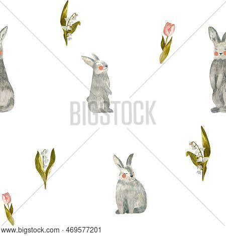 Rabbit Tulip Pink Snowdrop Pattern A Watercolor