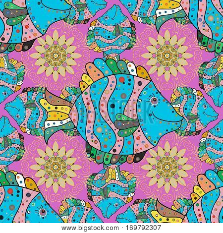 Seamless pattern with colored zentangle doodle fishes. Vintage. Pastel colors fishes on navy blue background. Pink. Dim.