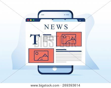 Reading News On Smartphone. Online Newspaper Website Opened In Mobile Browser On Smart Phone. News A