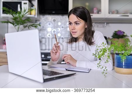 Young Female Working In Home Office Using Laptop, Business Woman, Teacher, Mentor, Consultant, Manag