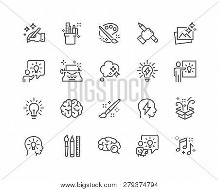 Simple Set Of Creativity Related Vector Line Icons. Contains Such Icons As Inspiration, Idea, Brain 