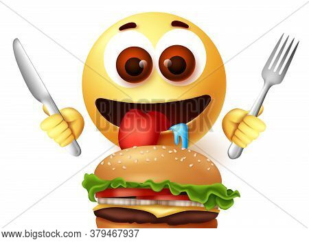 Emoji Eating Hamburger Character Vector Design. Emoji Starving Emoticon While Holding Knife And Fork