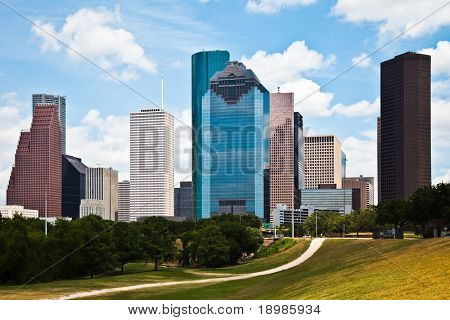 a crisp cityscape of the downtown Houston Texas skyline on a nice summer day