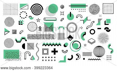 Minimal Memphis Shapes. Abstract Geometric Graphic Elements. Black And Green Figures, Dots And Lines