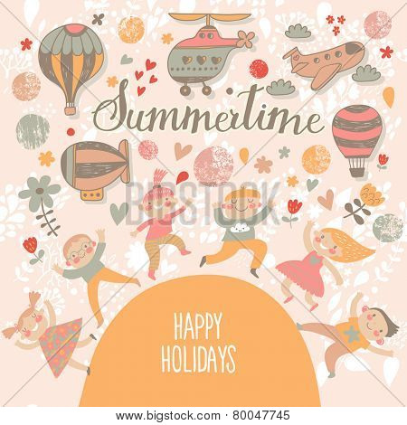 Summertime concept card. Travel concept background. Group of kids playing. Six funny kids in cartoon style. Bright childish card in vector. Cute kids jumping and having fun. Happy holidays background