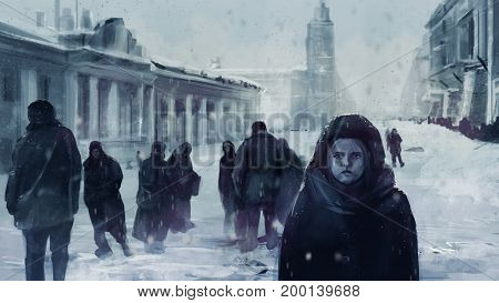 Illustration of a starving child on a front and people walking on winter streets of Leningrad siege during The Great Patriotic War.