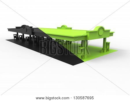 3d illustration of gas station. simple to use. on white background isolated with shadow. icon for game or web. eco building. expensive purchase. green black colors.