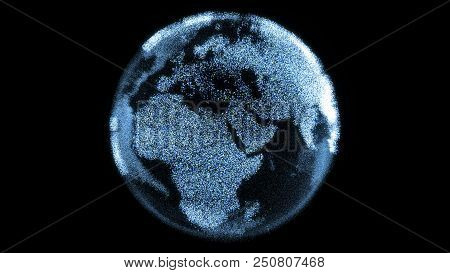 Futuristic Digital Earth Spins With Bright Continents Of Computer Pixels. Modern Digital Age, Global