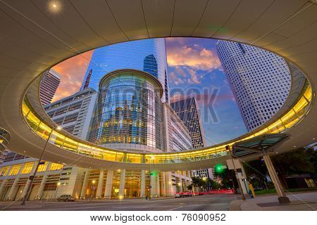 Houston Downtown sunset modern skyscrapers at Texas US USA