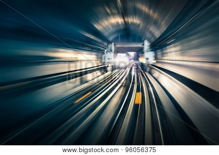 Subway Tunnel With Blurred Light Tracks With Arriving Train In The Opposite Direction