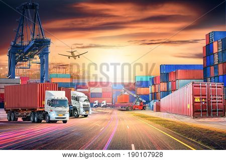 Logistics import export background and transport industry of Container Cargo freight ship and Cargo plane at sunset sky