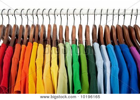 Rainbow Colors, Clothes On Wooden Hangers