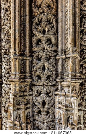 Intricate stone carvings on the walls of the Unfinished Chapels in the 14th century Batalha Monastery in Batalha Portugal a prime example of Portuguese Gothic architecture UNESCO Heritage site