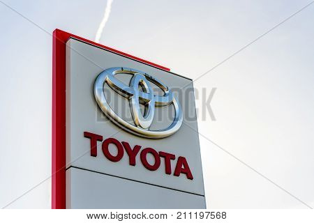 Northampton, UK - Oct 25, 2017: Day view of Toyota logo at Riverside Retail Park.