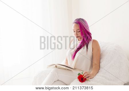 Beautiful Girl With Pink Hair Reads The Book Education