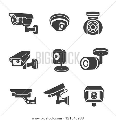 Video surveillance security cameras graphic icon pictograms set