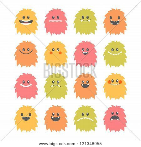 Set of cartoon smiley monsters. Collection of different cute and funny fluffy monsters characters. Vector illustration