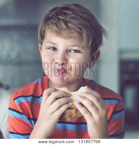 Boy Child Kid Bread Sandwich Starving Eating Concept