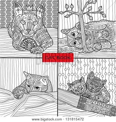 Coloring book for adults - 2 set of four drawings coloring cat pages for adults and children, vector, cat book, zenart