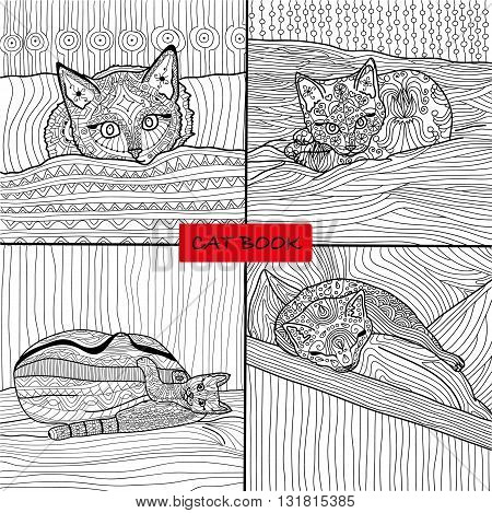 Coloring book for adults - 1 set of four drawings coloring cat pages for adults and children, vector, cat book