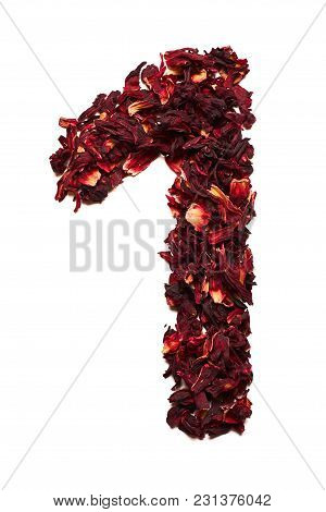 Number 1 From Dried Flowers Of Hibiscus Tea On A White Background. Number For Banners, Advertisement