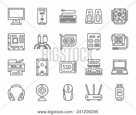 Computer Thin Line Icons Set. Outline Web Sign Kit Of Electronics. Gadget Linear Icon Collection Inc