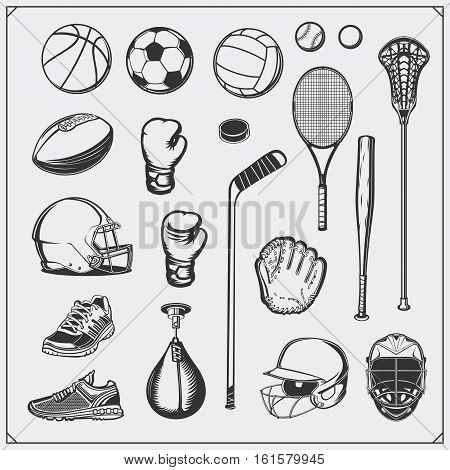 Set of Sport equipment. Soccer, football, lacrosse, basketball, baseball, hockey and tennis.