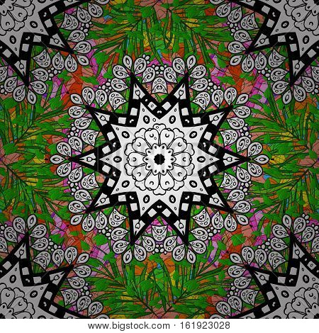 Seamless Pattern. White And Green Elements. Floral. Mandala. Vector. Radial Gradient Shadow.